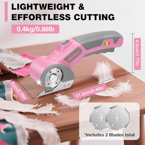 SHALL 4V Cordless Electric Scissors with Safety Lock, LED Light and Replacement Blade - Rechargeable Rotary Cutter for Fabric, Leather, Carpet, Cardboard and Plastic
