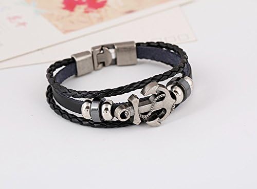 Appmax Retro Cowhide Braided Bracelet Men and Women Alloy Anchor Leather Multi - Layer Bracelet Jewelry (Black)