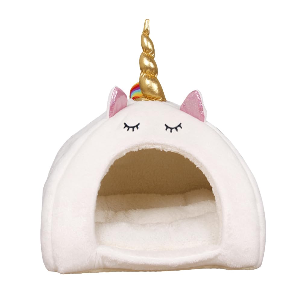 Guinea Pig House Hamster Bed, Unicorn Shape Small Animal Pet Winter House Warm Nest, Non Slip Strawberry Hedgehog House with Removable Pad, Hideout Cage Cave Bed for Chinchilla Ferret Rabbit Gerbil