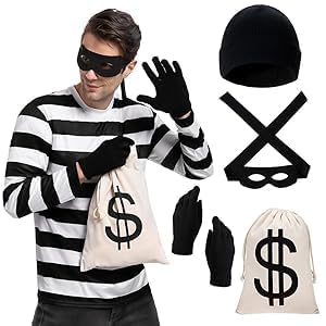 EduPlayte 4 Pcs Burglar Costume Set for Adult Kids, Bank Robber Costume Kit, Thief Beanie Gloves Eye Mask Swag Bags, Canvas Money Bag Props for Women Men Cosplay Carnival Halloween Party