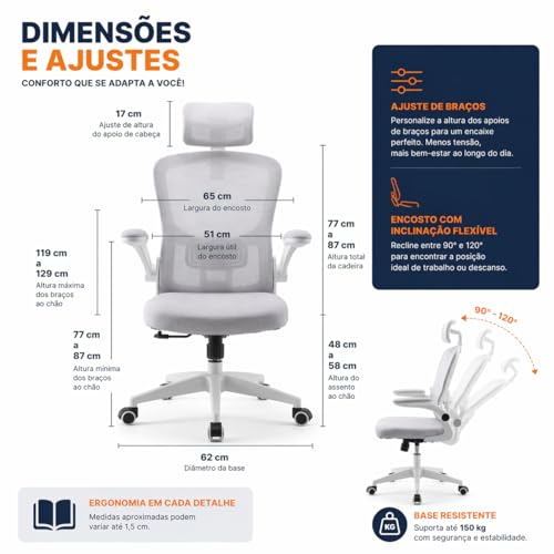 Cadeira Ergonômica Mesh Cinza Giratória Reclinável para Escritório e Home Office - Encosto em Tela, Apoio Lombar e Cabeça Ajustáveis, Braços Pivotantes, Rodízios Silenciosos