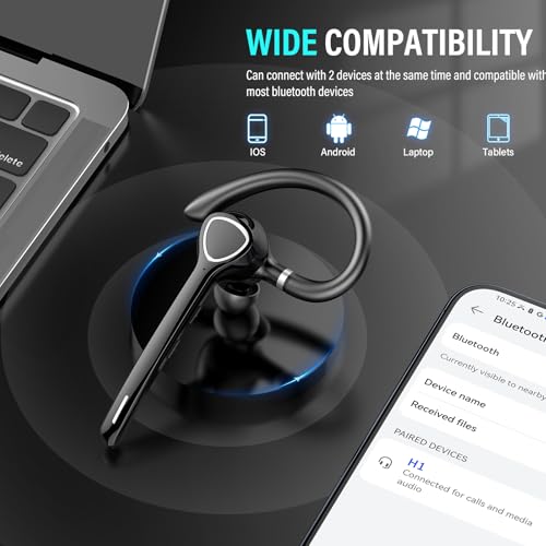 Bluetooth Headset with APTX HD Audio, Wireless Hands-Free Earpiece with CVC 8.0/ENC Dual Mic, Mute Button & Dual Device Connection, 90H Playtime Single-Ear Headphone for Trucker, Business, Black