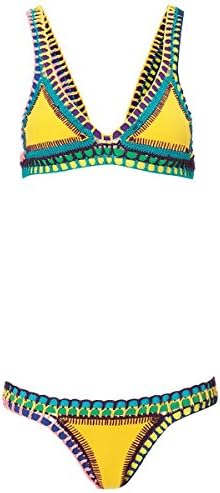Yellow Crochet Patch Work Bikini Swimsuit for Women Two-pieces Swimsuits for Girls (M)