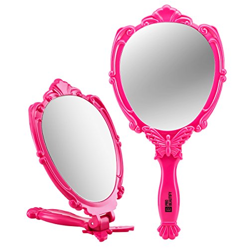 Decorative Handheld Compact Mirror- Hot Pink- Embossed Butterfly Design- Folding Handle- Lightweight & Portable- 180 Degrees Full Folding- Premium Quality- Ideal For Your Makeup Routine- Travel Mirror