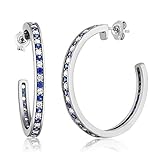 Gem Stone King 1.50 Inch Beautiful 925 Silver White & Blue Created Sapphire Hoop Earrings