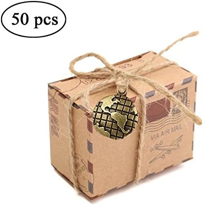 AISHOPE 50PCS Wedding Favor Boxes Kraft Bonbonniere Travel Themed Air Mail Candy Favor Boxes With Burlap Twine and Earth Metal for Wedding Party Decoration