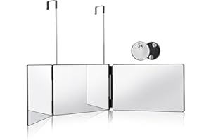 HIEEY 3 Way Mirror for Hair Cutting,360 Trifold Mirror with Height Adjustable Telescoping Hooks,and 5X Magnification,for Makeup, Hair Styling