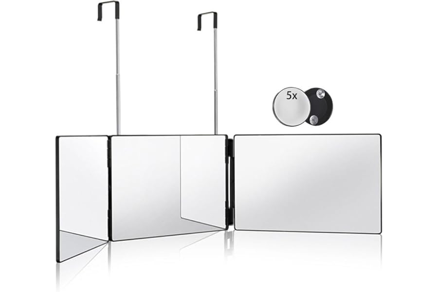 HIEEY 3 Way Mirror for Hair Cutting,360 Trifold Mirror with Height Adjustable Telescoping Hooks,and 5X Magnification,for Makeup, Hair Styling