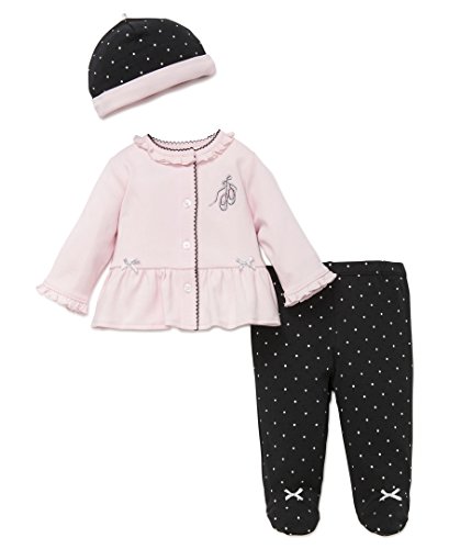 Little Me Baby Girls  3 Piece Knit Cardigan Footed Pant Set with Hat, Ballet Dot, 3M