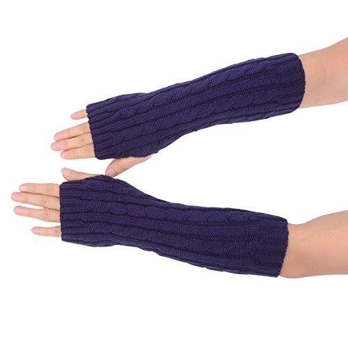 Flammi Women's Cable Knit Arm Warmer Fingerless Gloves Thumb Hole Gloves Mittens (Purple)