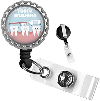 Dentist Tooth Brushing Pals Black Bottlecap Badge Reel ID Tag Holder by Geek Badges