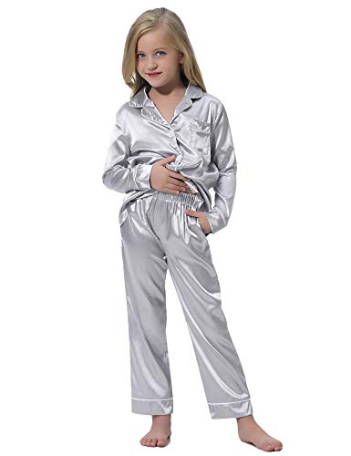 Hawiton Kids Satin Pajamas Set Toddler Girl PJS Long Sleeve Button Satin Loungewear Sleepwear Set with Pocket Silver