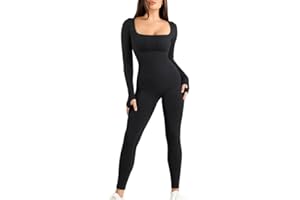 Popilush Jumpsuits for Women Long Sleeve Built-In Bra Square Neck Full Length Leggings Bodycon Stretch Workout Outfits