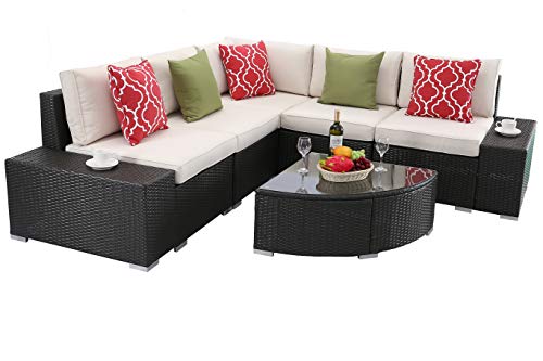Do4U Patio Sofa 6-Piece Set Outdoor Furniture Sectional All-Weather Wicker Rattan Sofa Beige Seat & Back Cushions, Garden Lawn Pool Backyard Outdoor Sofa Wicker Conversation Set (6134-EXP-WHI)