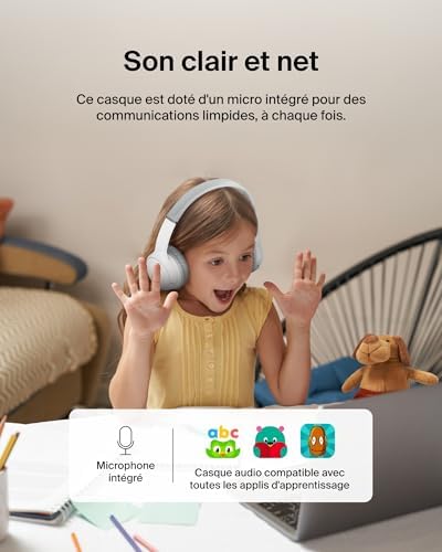 SoundForm Mini Casque Audio sans Fil pour Enfants avec Micro intégré (Circum-aural, autonomie de 30 h, pour Apprentissage, Voyages, Autocollants Amusants, pour iPhone, iPad, Galaxy) - Blanc
