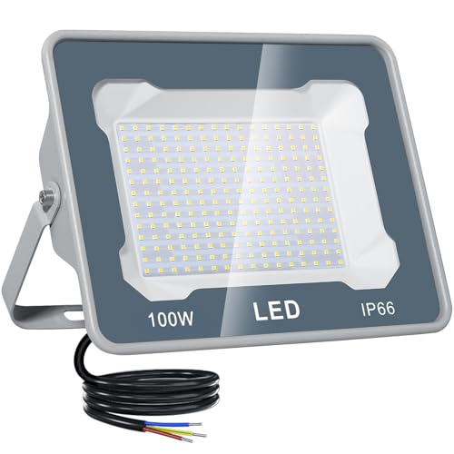 CREATESTAR Outdoor LED Spotlight 100 W, Outdoor LED Spotlights 6500 K 10000 LM Cool White Light, IP66 Waterproof Outdoor Spotlight for Sports Warehouse Garage Garden Parking Courtyard Field 1 Pieces
