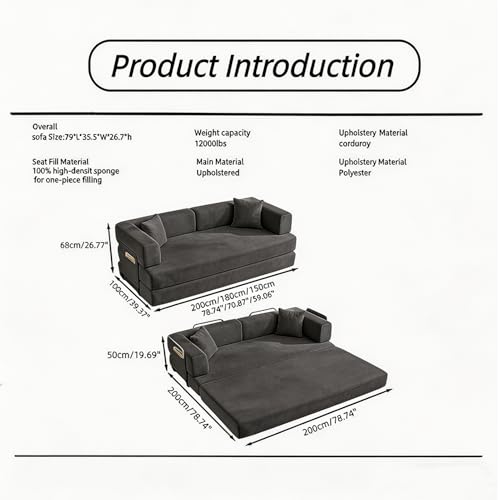 Convertible Folding Couch Bed, Comfy Corduroy Sleeper Floor Sofa Bed with Fixed-Shape Frame, Floor Sofa with Armrest, Lounge Couch for Living Room Bedroom Lounge Studio (Dark gray, 200CM) | boneless couch