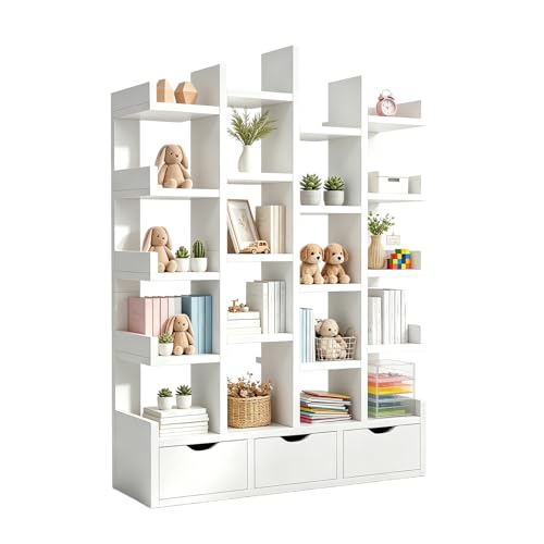 KINTOP Librero Organizador de 5 Niveles, Librero Esquinero con 3 Cajones y 20 Compartimentos, Libreros de Madera Minimalista para Hogar, Oficina y Dormitorio（Blanco 79.3 x 18 x 151 CM）