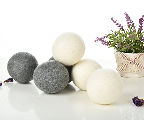 Wool Dryer Balls - 100% Organic Wool, 6 Pack XL Natural Fabric Softener, Handmade Laundry Dryer Ball Reduce Wrinkles, Static Cling, Hypoallergenic, Chemical Free, Non-Toxic Reusable (3white+3gray)