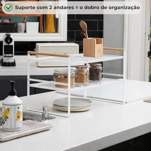 Prateleira Organizadora de Cozinha 2 Andares 33x33x20cm | Organizador de Armário Aramado em Metal Resistente com Cabo de Madeira Antiferrugem para Louças e Utensílios (Branco)