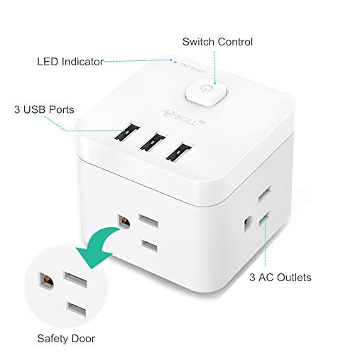 Smart Power Strip Surge Protector with 3 USB Ports and 3 AC Outlets, Cube Spacing Charging Station with Switch Control, 1875W Cordless Wall Tap for Nightstand & Desktop