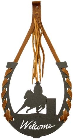 Innovative Fabricators, Inc. Welcome Barrel Race Horseshoe Wall Art Decor with Buffalo Hide