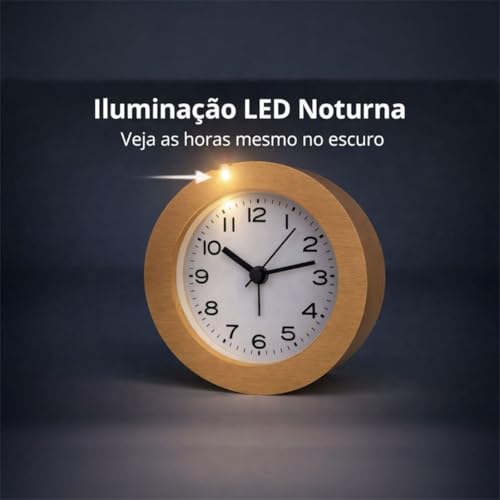 Relógio de Mesa Analógico de Madeira Redondo Decorativo Silencioso 11cm Design Decorativo Sem Tique-Taque Com Led Escritório
