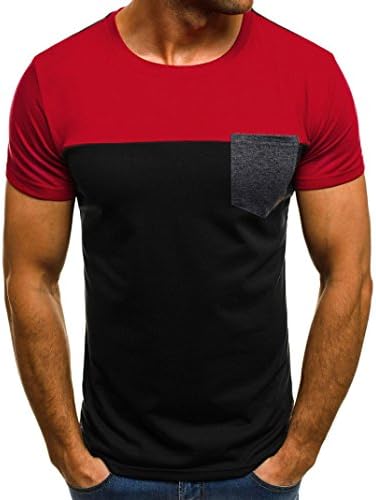 Qisc Mens Tops Men's Casual Tops Shirt Contrast Color Stitch Striped Crew Neck Short Sleeve Cotton T Shirts (XL, Red)
