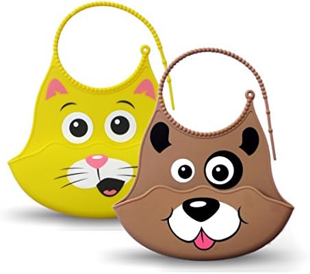 Bibimals Baby Bibs (Cat & Dog Pack) Slide Latch Most Adjustable Bib - Funny Cool Cute 2 Pack of Bibs with Food Catcher Pocket Made From Waterproof Washable Silicone Plastic, Best for Use with Girl or Boy Infants and Babies - Your Baby Will Love These Silly Animal Face Bibs, Great Baby Shower Gift, Lifetime Guarantee - [Add These Bibs to Your Baby Registry Today]