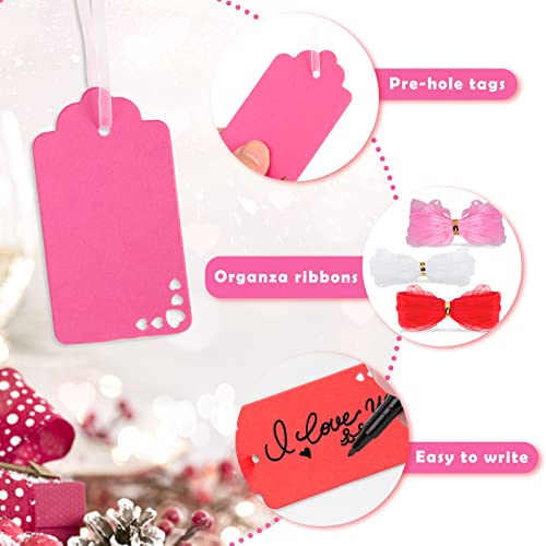 Koogel 120PCS Pink Gift Tags, Pink Heart Paper Tags Hollow Out Hanging Label with Organza Ribbons for Valentine\'s Day Wedding Party Gift Wrapping DIY Crafts Decoration