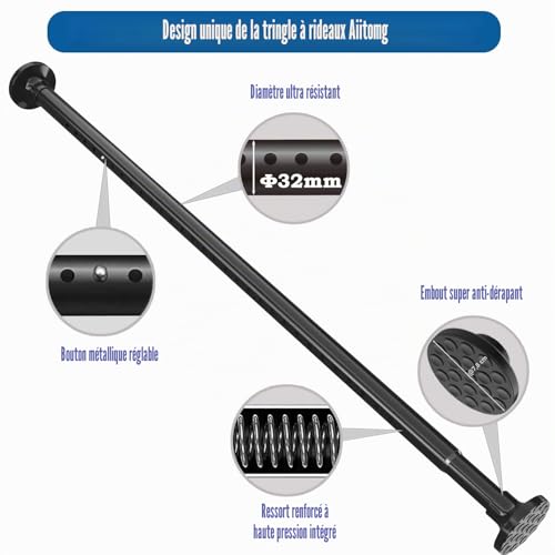 No Drilling Curtain Rod, 400 cm Long, 4 m Extra Length, Shower Rod, No Drilling, Extendable Clothes Rail for Bathroom, Bedroom, Black (350)