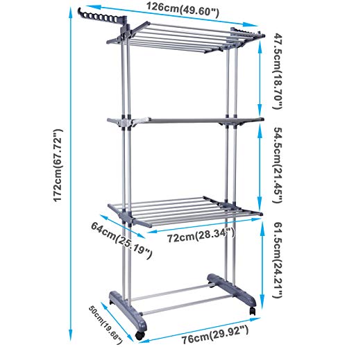 Voilamart Clothes Drying Rack 3 Tier with Wheels, Foldable Clothes