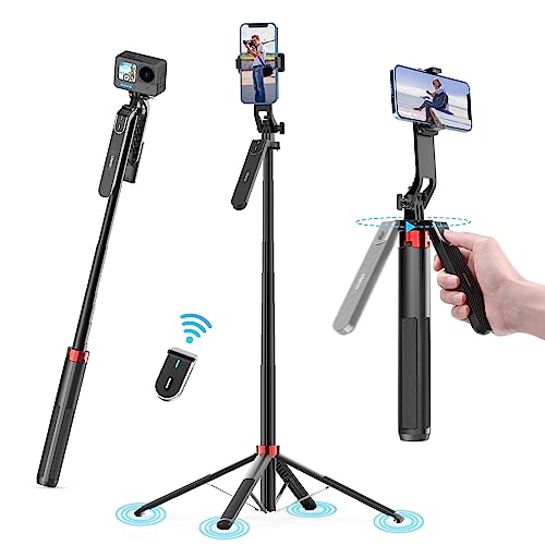 ULANZI MA09 Extendable Phone Tripod, 71" Selfie Stick Phone Vlog Tripod Stand Quadrapod with All in 1 Phone Clip, Travel Tripod Phone Holder with Rechargeable Remote
