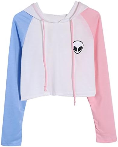 Airume Women Long Sleeve Alien Print Patchwork Casual Hoodie Crop Tops Sport Sweatshirt (S)