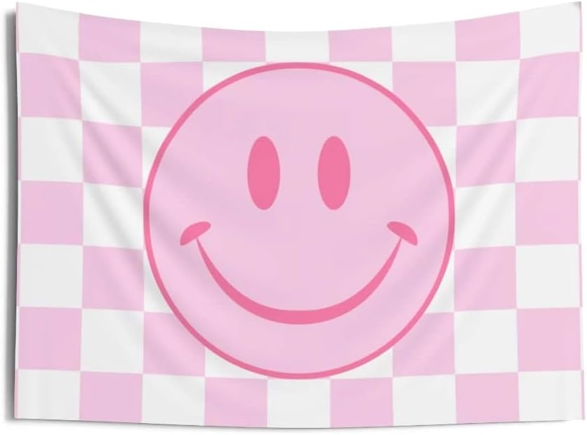 Tapestries - Lotus Atelier Checkered Smiley Face Tapestry for Bedroom Teen Girl | Pink Tapestry Cute | College Dorm Decor | Preppy Room Decor | Multiple Sizes 36 in. x 26 in.