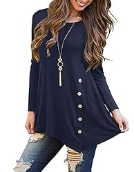 Women's Long Sleeve Casual Scoop Neck Tees Button