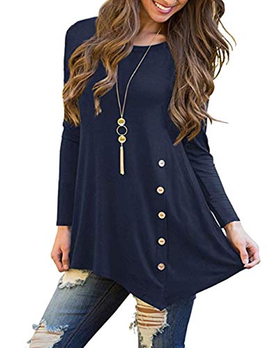Women's Long Sleeve Casual Scoop Neck Tees Button