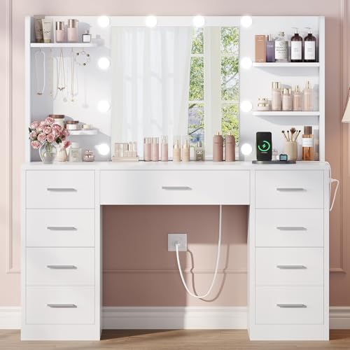 TEENFON Large Vanity Desk with 9 Drawers & Power Outlet, 6 Open Shelves and 5 Jewel Hooks, Makeup Vanity with Lighted Mirror, 3-Color LED & Adjustable Brightness, Dressing Table for Bedroom, White