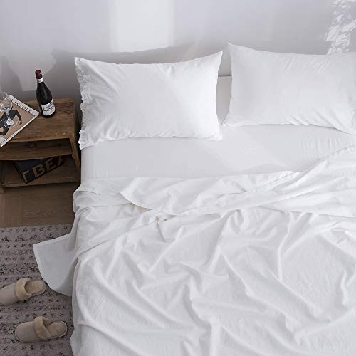 Simple&Opulence Belgian Linen Sheet Set 4PCS Solid Color Ruffles Flouncing(Full,White)