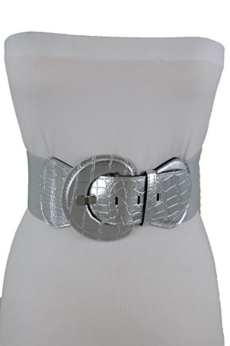 TFJ Women Wide Fashion Stretch Belt Metallic Silver Round Buckle Plus M L XL