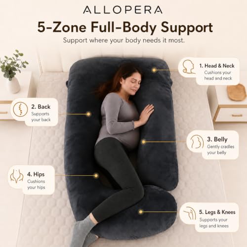 ALLOPERA Pregnancy Pillow, Full Body 57 Inch Maternity Pillow with Removable Washable Cover - Sleep Support for Legs, Back, Neck, Shoulder, HIPS, Belly for Pregnent Women, Velvet Cover (Black)