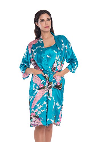 Yukata Womens Gorgeous Loungewear 2PC Set Sleepwear Camisole & Robe, Turquoise S