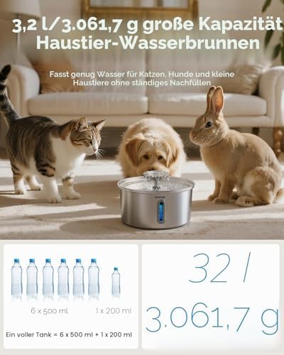 Katzenbrunnen Edelstahl, 3.2L Trinkbrunnen für Katze mit Blumenfontäne, LED-Anzeige, Wasserstandsanzeige und 5-Fach Filtersystem - Leiser Haustierbrunnen für Katzen und Kleine Hunde