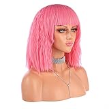 eNilecor Women Short Bob Fluffy Hair Full Wigs with Bangs Heat Resistant Kinky Straight Custom Cosplay Party Wigs (Pink)