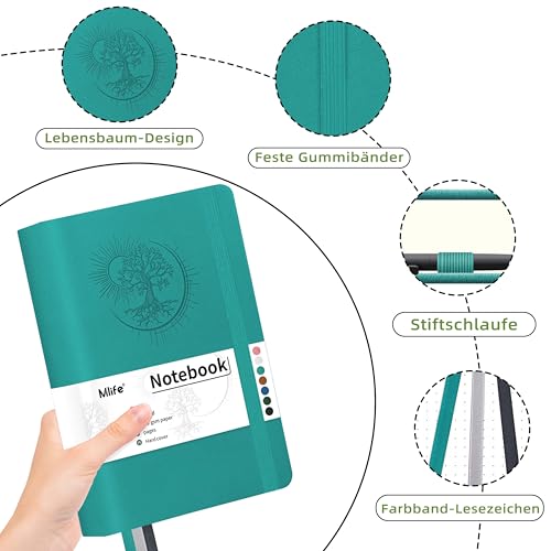 Mlife B5 Dotted Notebook with Tree of Life Design,300 Pages,100 G/M² Dotted Paper,PU Cover,Elastic Band,Pencil Holder,3 Bookmark,For Women And Men,14.6 X 21.3 CM-Greenish Blue