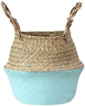 Yanvan Pure Hand-Woven Seagrass Wicker Basket, Green Ecology Wicker Basket Flower Pot Folding Basket Dirty Basket Storage Home Decoration Natural Environmental Protection (Blue)
