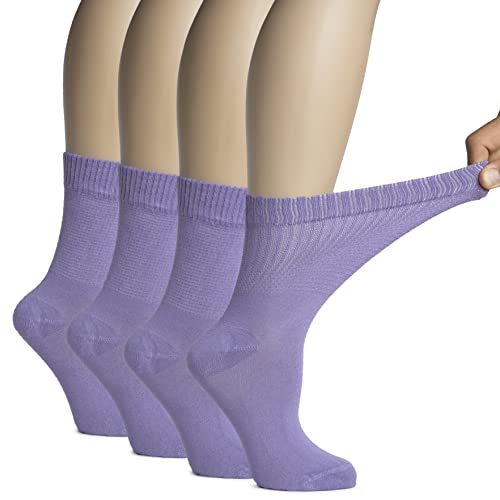 Hugh Ugoli Women's Soft Bamboo Diabetic Crew Socks, Wide, Loose Fit & Thin Socks with Seamless Toe & Non-Binding Top, 4 Pairs