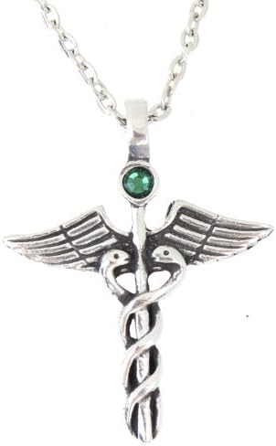 Trilogy JewelryPewter Caduceus Medical Snake Rod Pendant on Chain with Austrian Crystal Green May Birthday