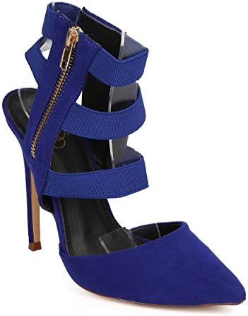 Miss L DH23 Women Suede Pointy Toe Caged Stretch Elastic Stiletto Pump - Blue (Size: 8.0)