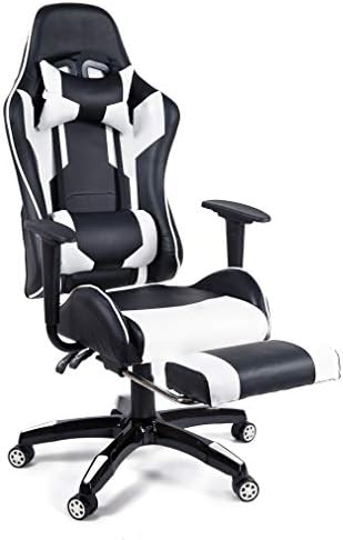 Gaming Racing Chair, Reclining High Backrest Ergonomic adjustable Chair with Lumbar&Head Pillows, PU Leather and swivel for Home, Office(White&Black)